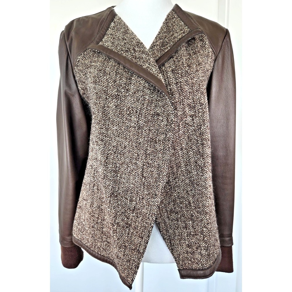 Helmut Lang Wool Silk Leather Moto Jacket Long Sleeves Brown Tan Two Tone